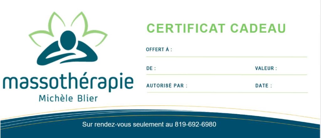 Certificat cadeau massothérapie Michele Blier massage à Trois-Rivières